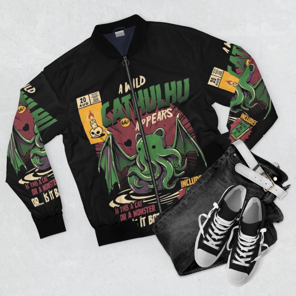 Cathulhu Retro Bomber Jacket featuring a vintage Cthulhu design - Flat lay