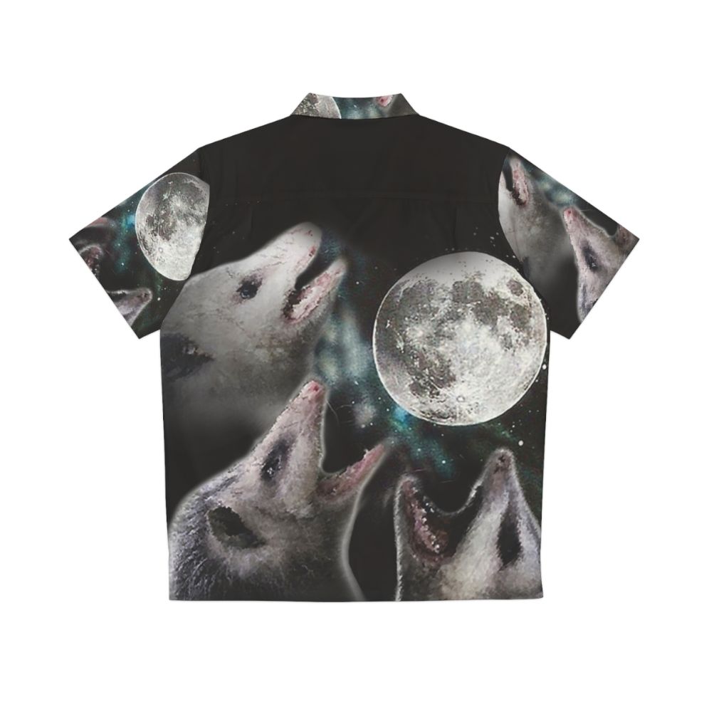 Possum Moon Hawaiian Shirt featuring a howling wolf design in a space-themed pattern - Back