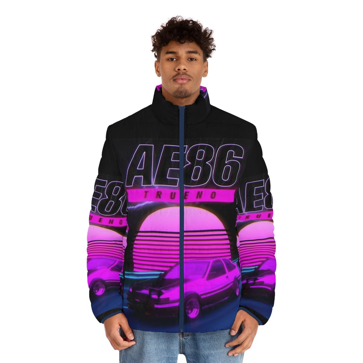 Ae86 retro synthwave puffer jacket with Initial D inspired graphics - men front