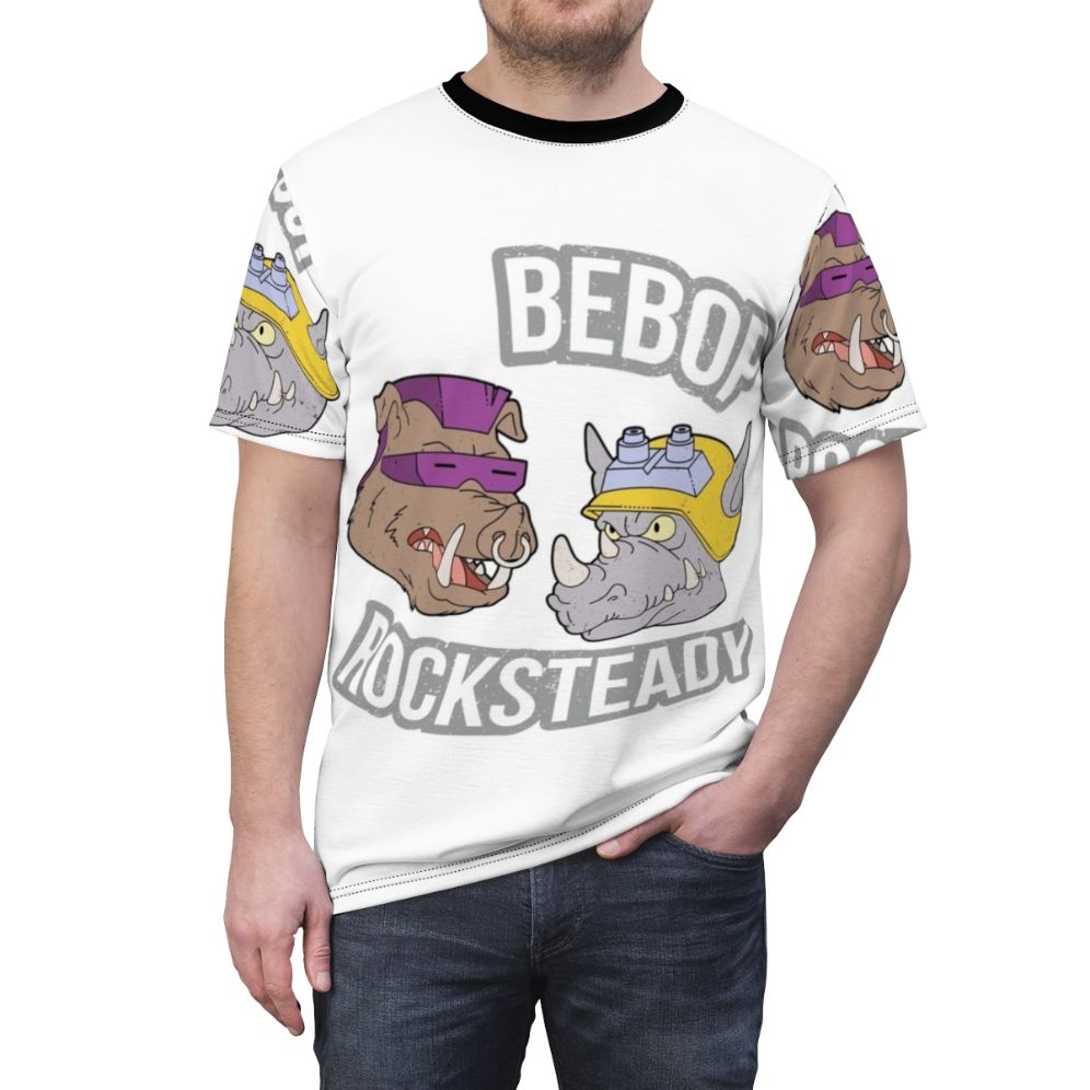 Bebop and Rocksteady inspired t-shirt design, featuring a retro 90s style with classic Teenage Mutant Ninja Turtles characters. - men front