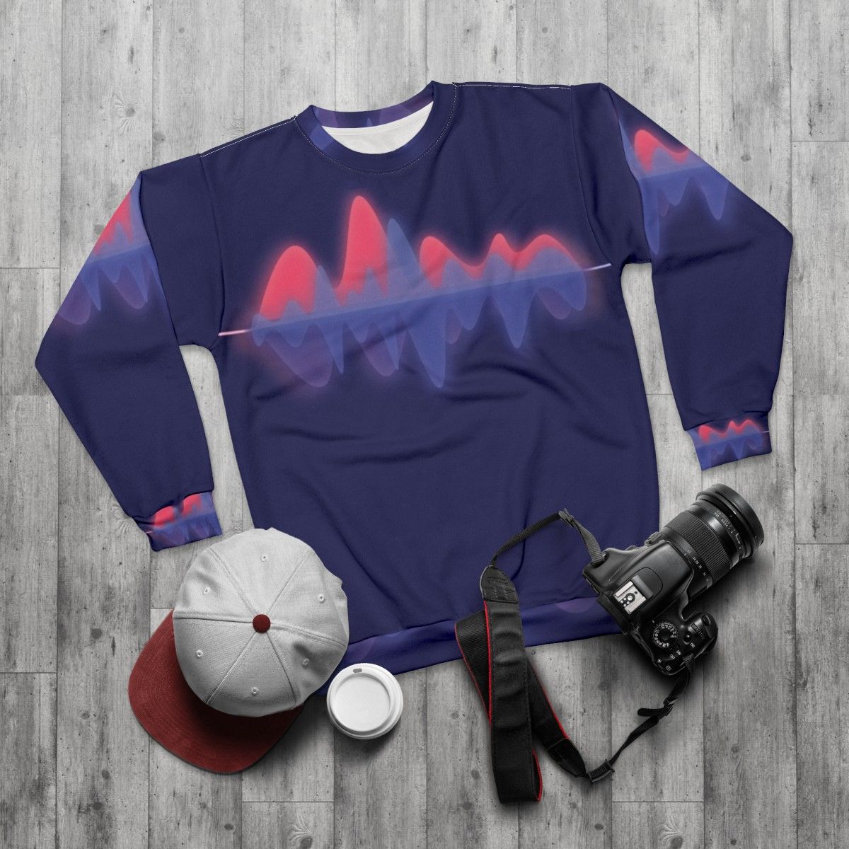 Audio Wave Sweatshirt with Colorful Sound Wave Pattern - flat lay