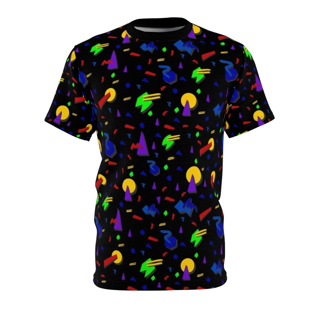 Vibrant 90s inspired graphic t-shirt with a glow in the dark, blacklight reactive confetti pattern design