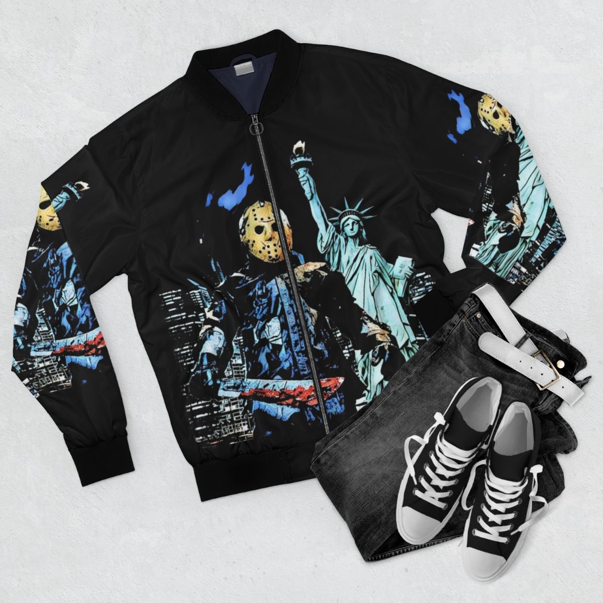 Horror movie inspired "Jason Takes Manhattan" bomber jacket featuring Friday the 13th character - Flat lay