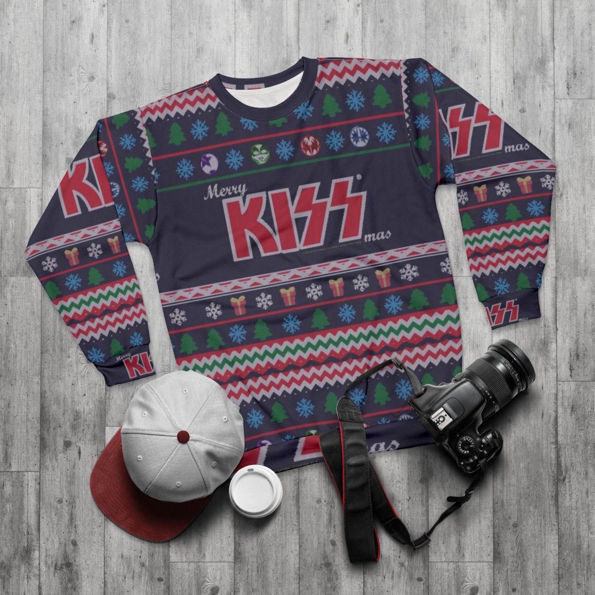 Kiss the Band ugly Christmas sweater sweatshirt - flat lay