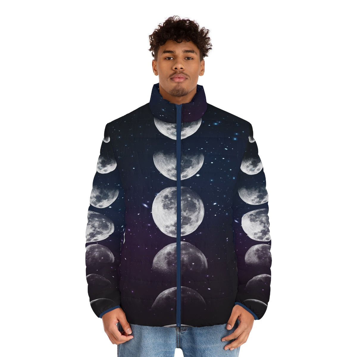 Phases of the Moon Puffer Jacket - Watercolor Galaxy Print Outerwear - men front