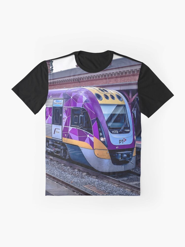 Graphic t-shirt featuring a VLine train at Castlemaine Station in Victoria, Australia - Flat lay