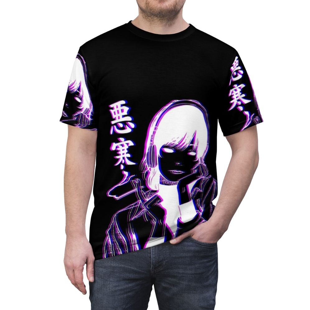 Chill glitch aesthetic t-shirt featuring lofi vaporwave-inspired design with anime girl and music elements. - men front