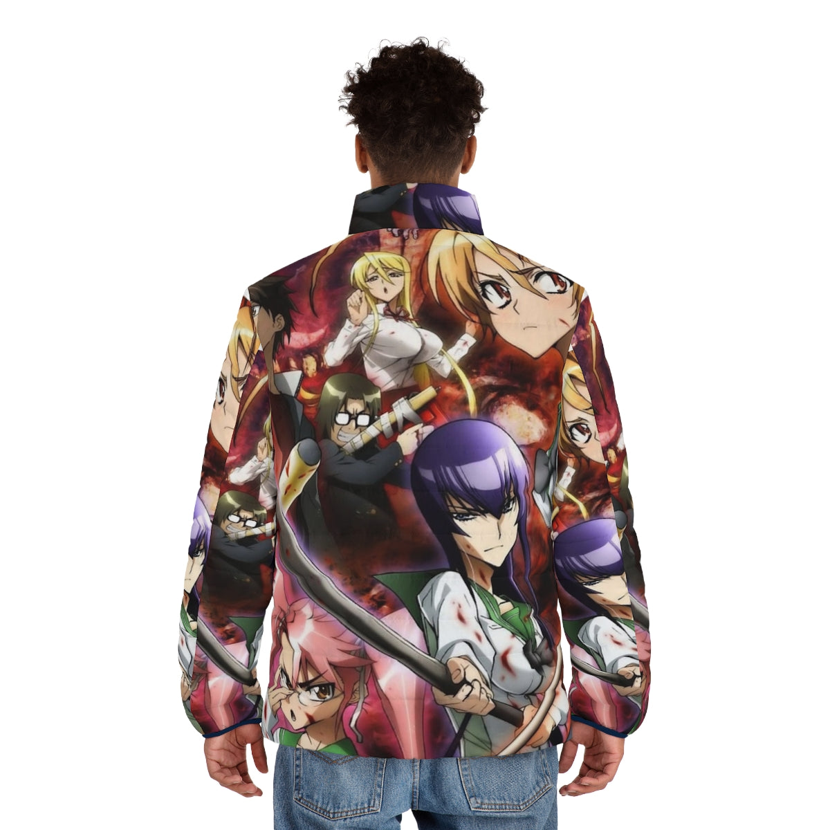 High School Of The Dead 3 Anime Puffer Jacket with characters Takashi Komuro, Saeko Busujima, Kouta Hirano, Rei Miyamoto, Saya Takagi, Shizuka Marikawa, and Alice Maresato - men back