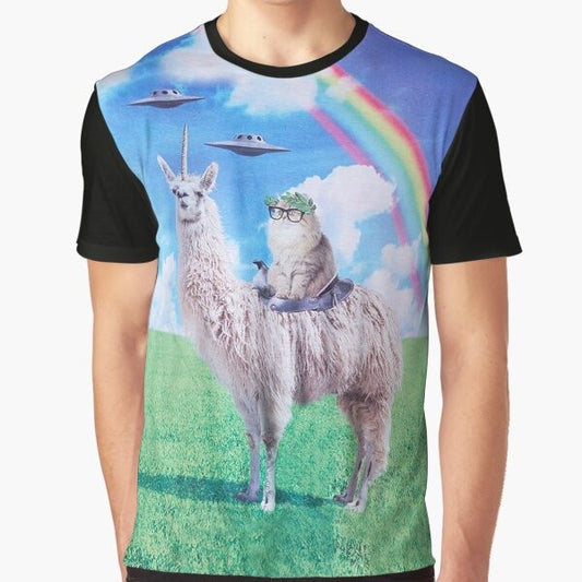 Cat riding a unicorn llama (llamacorn) on a colorful rainbow-filled space background with a flying UFO