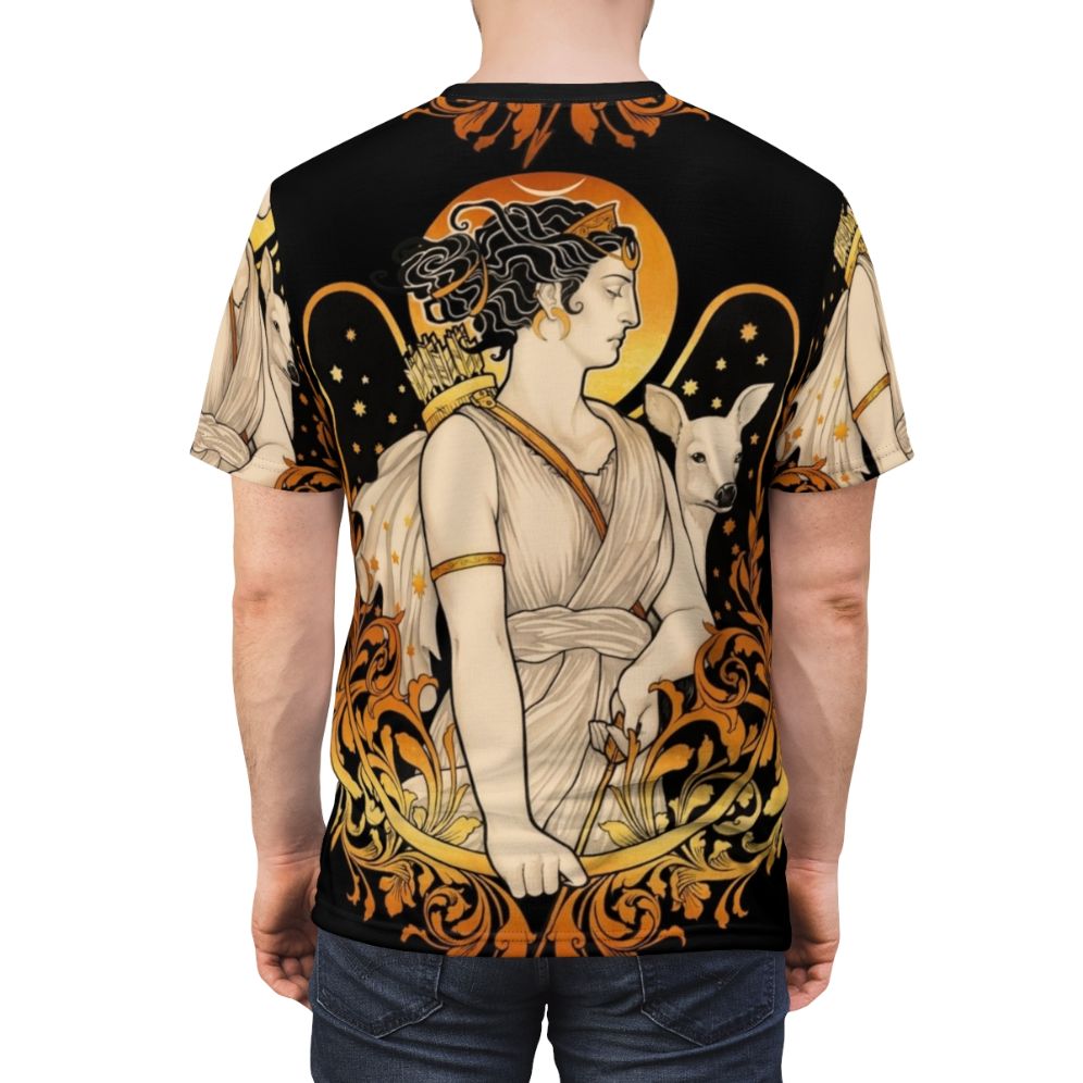 Artistic t-shirt design featuring the Greek goddess Artemis, the powerful goddess of the hunt, with crescent moon, stars, and nature elements. - men back