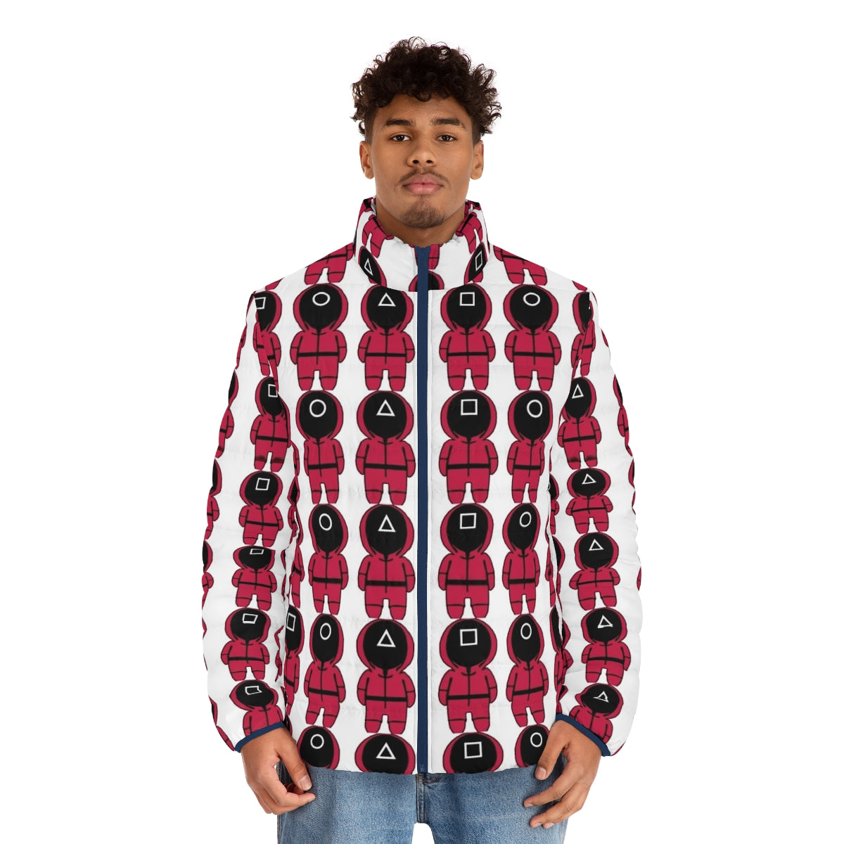 Squid Game Trio Puffer Jacket featuring the iconic Squid Game animation characters - men front