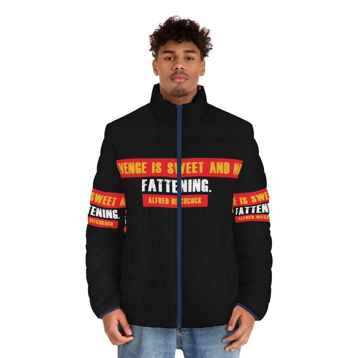 Alfred Hitchcock inspired puffer jacket with quotes and movie references - men front