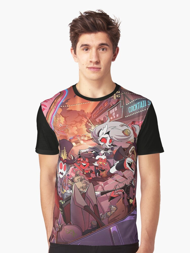 Helluva Boss Graphic T-Shirt featuring Loona, Blitzo, and other characters from the Vivziepop cartoon series Hazbin Hotel - Men