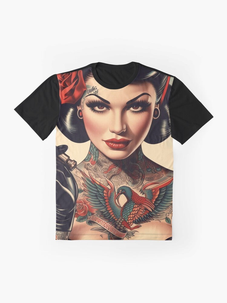 Vintage-style tattoo pin-up graphic design t-shirt - Flat lay