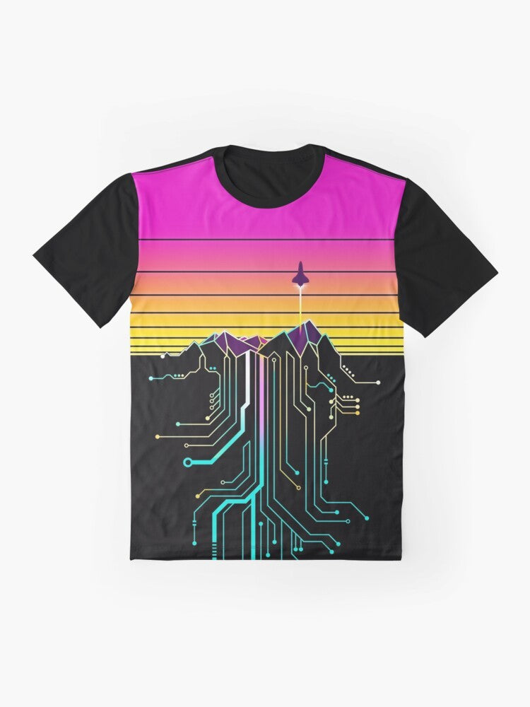 Synthwave mountain sunrise graphic design printed on a t-shirt - Flat lay