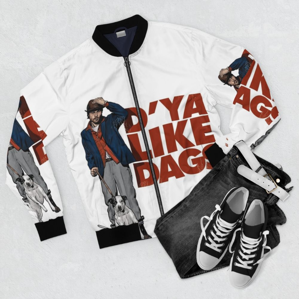 Snatch Brad Pitt Bomber Jacket with Cartoon and Movie Inspired Graphics - Flat lay