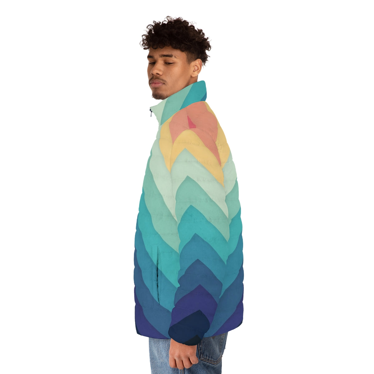 Retro puffer jacket with bold chevron pattern in vibrant rainbow colors - men side left