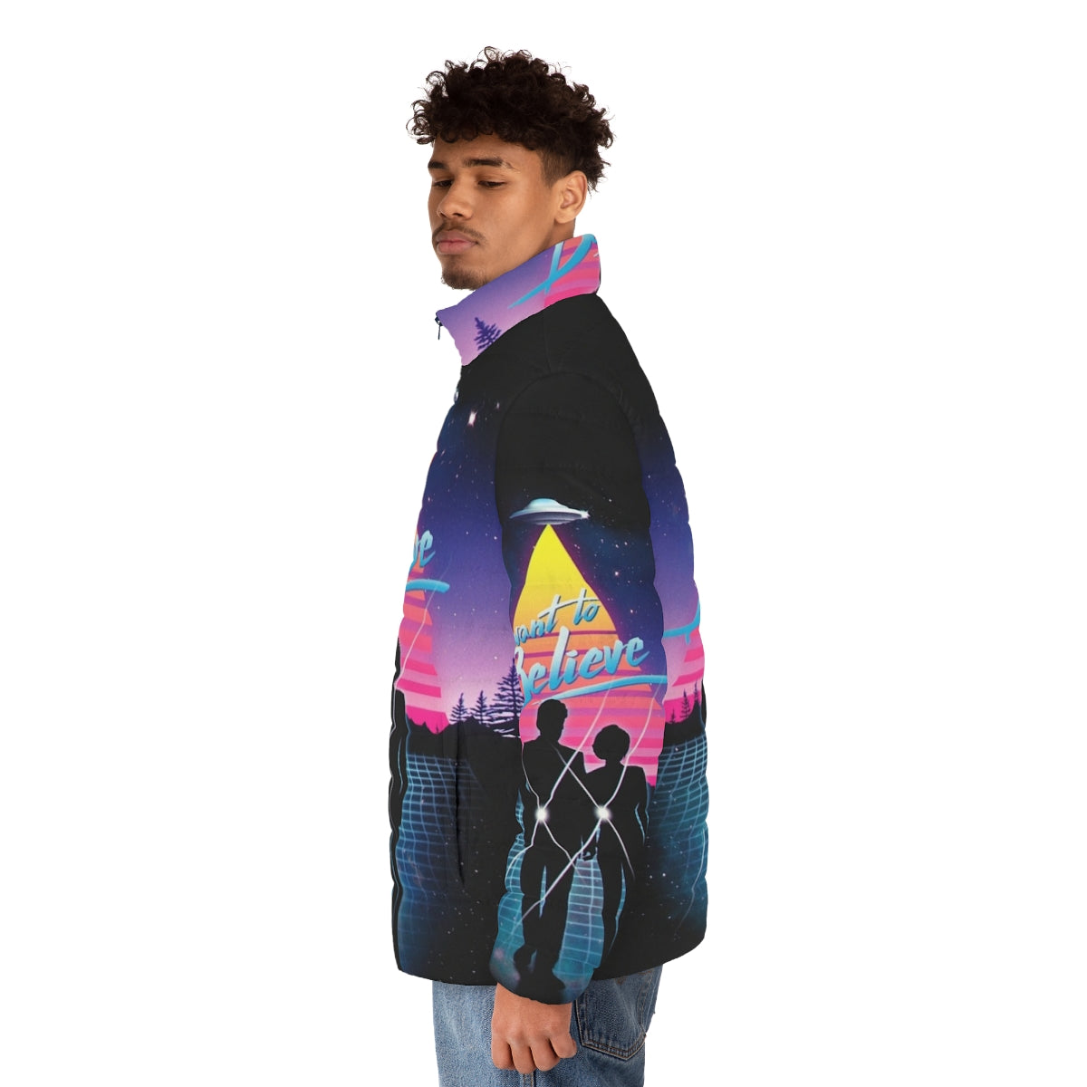 "I Want to Believe" Puffer Jacket featuring a retro sci-fi aesthetic - men side left