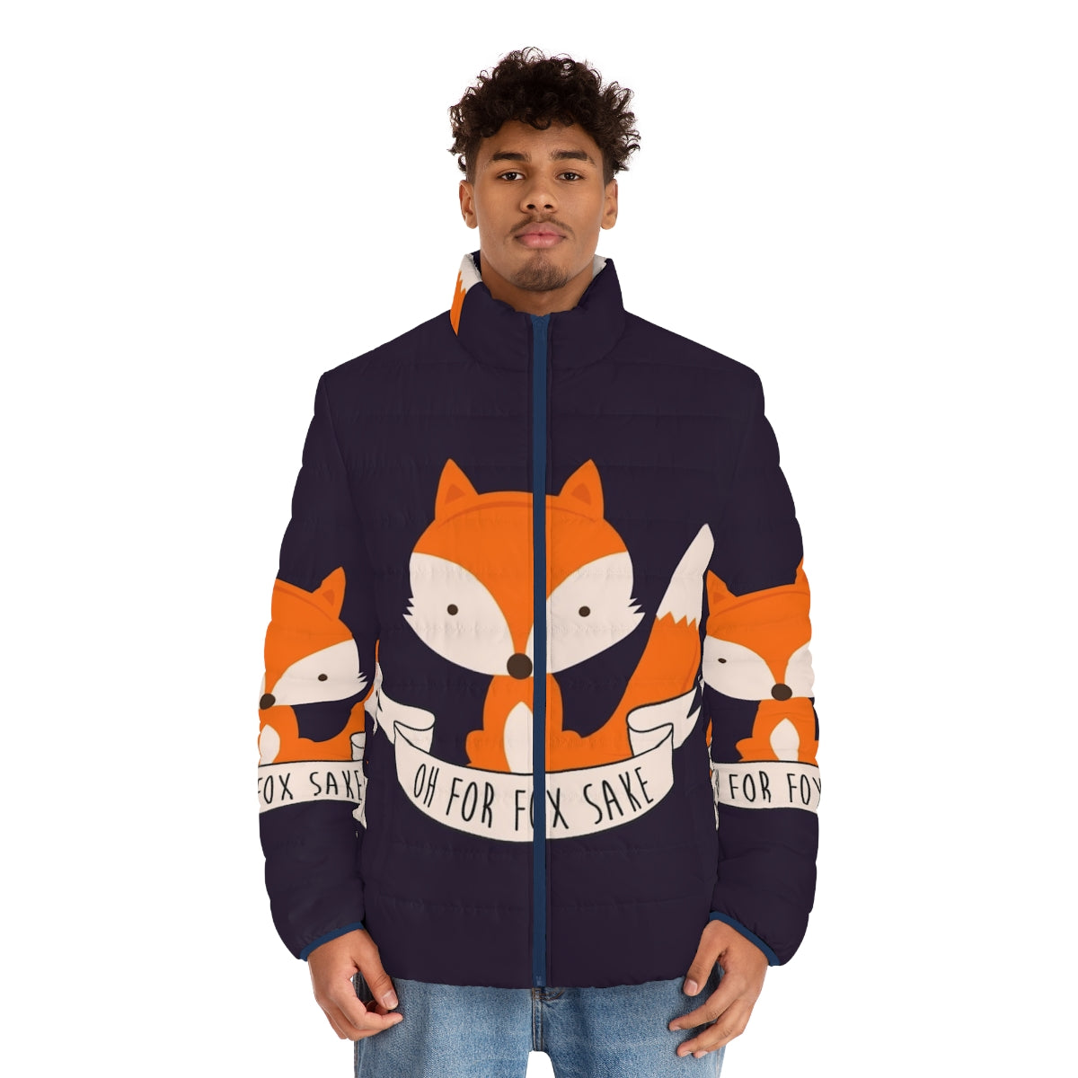 Colorful "Oh For Fox Sake" puffer jacket with cute fox design - men front