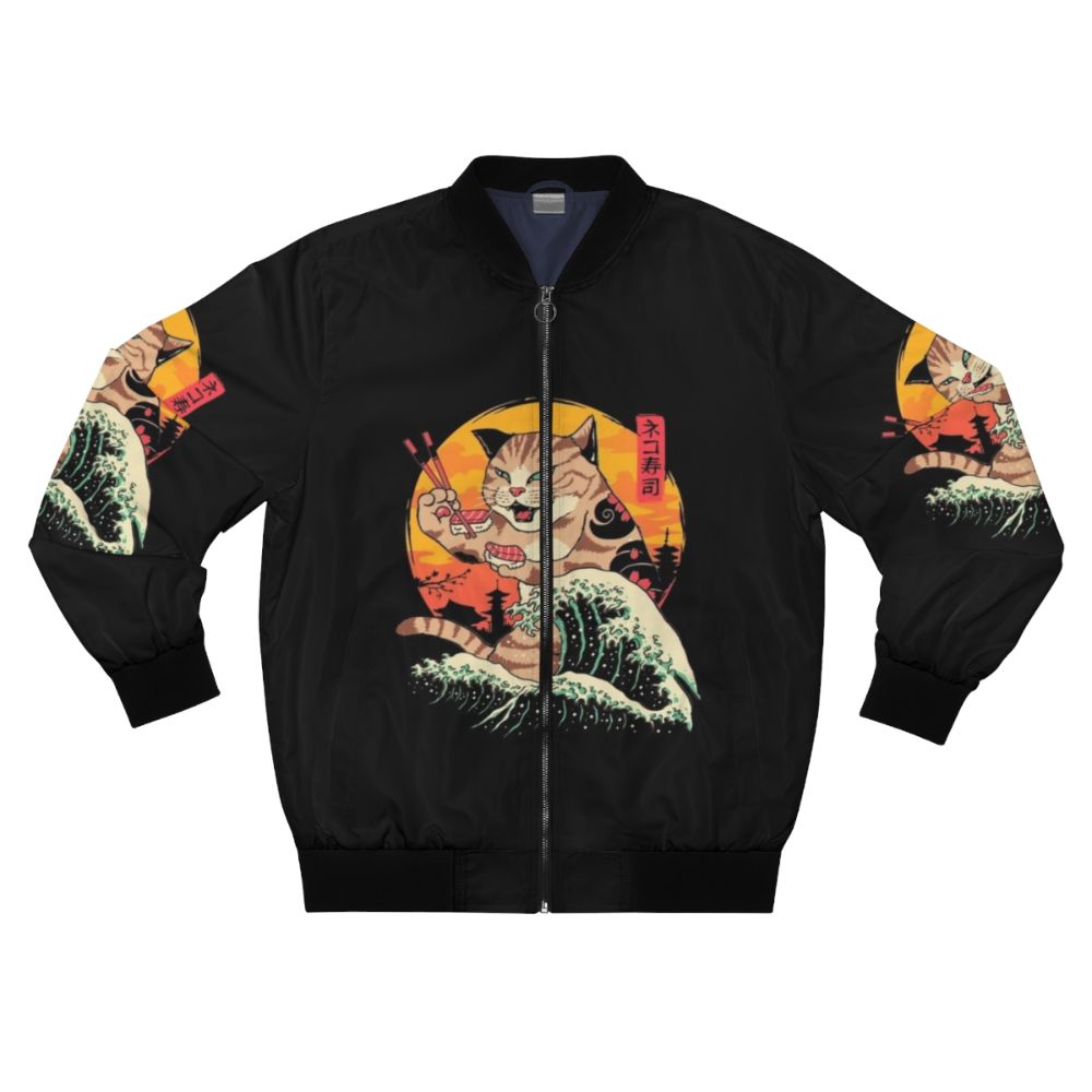 Retro wave-inspired bomber jacket featuring a design of a cat surrounded by sushi and Japanese-style waves