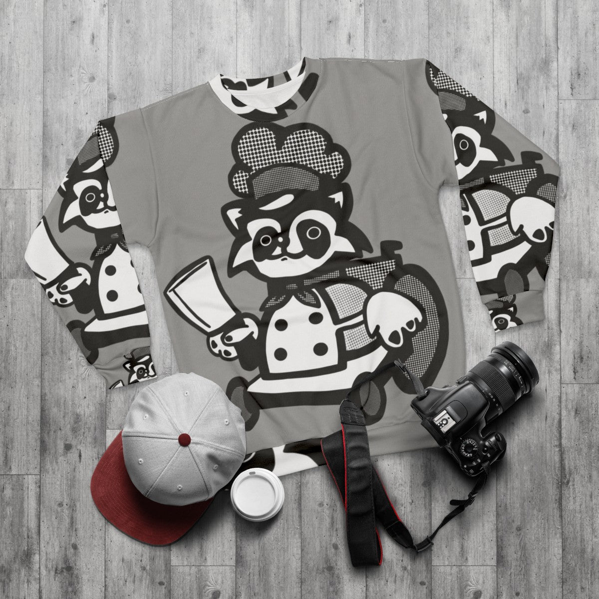 Overcooked Raccoon Chef Sweatshirt - flat lay