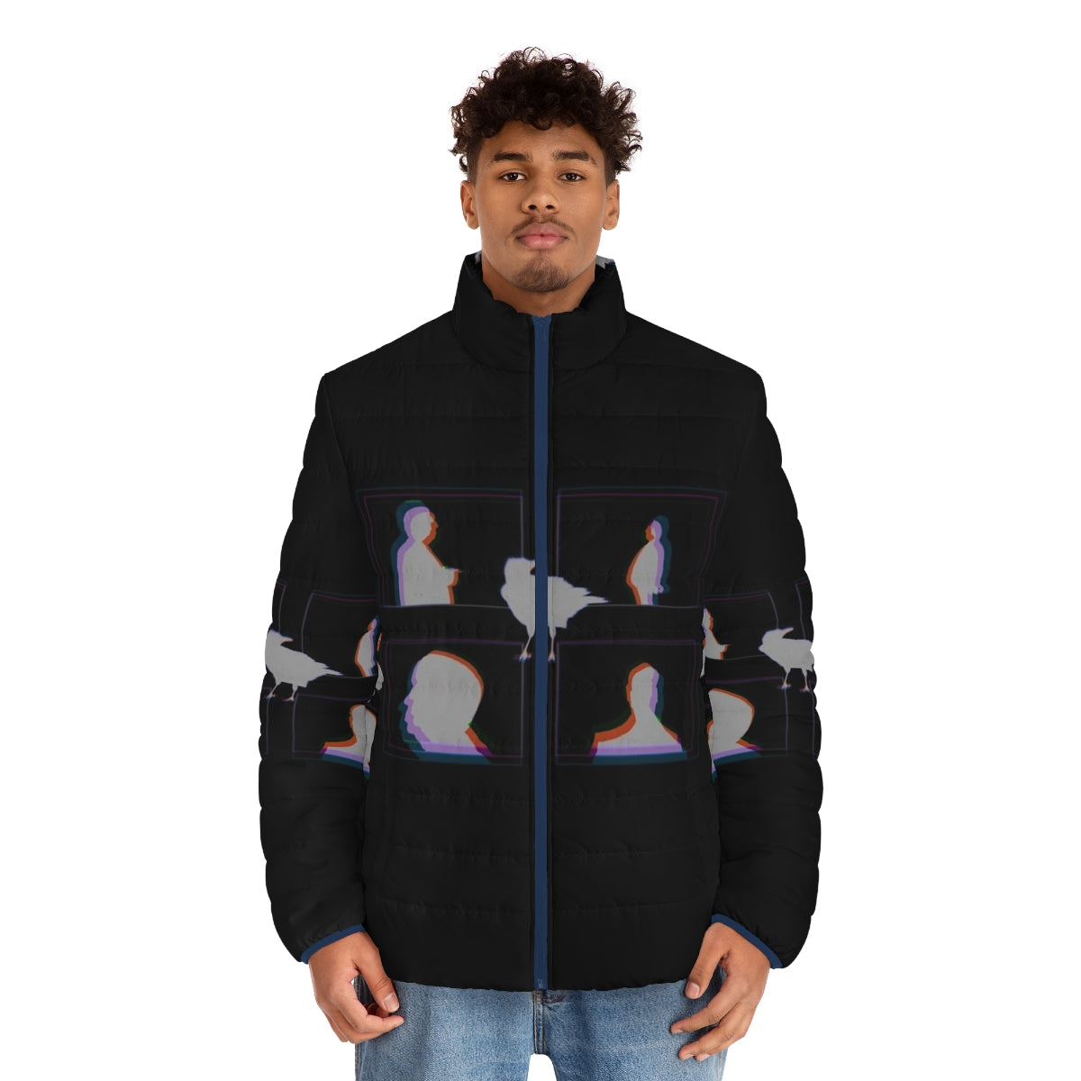 Alfred Hitchcock inspired puffer jacket with a crow design, featuring the iconic director's silhouette. - men front