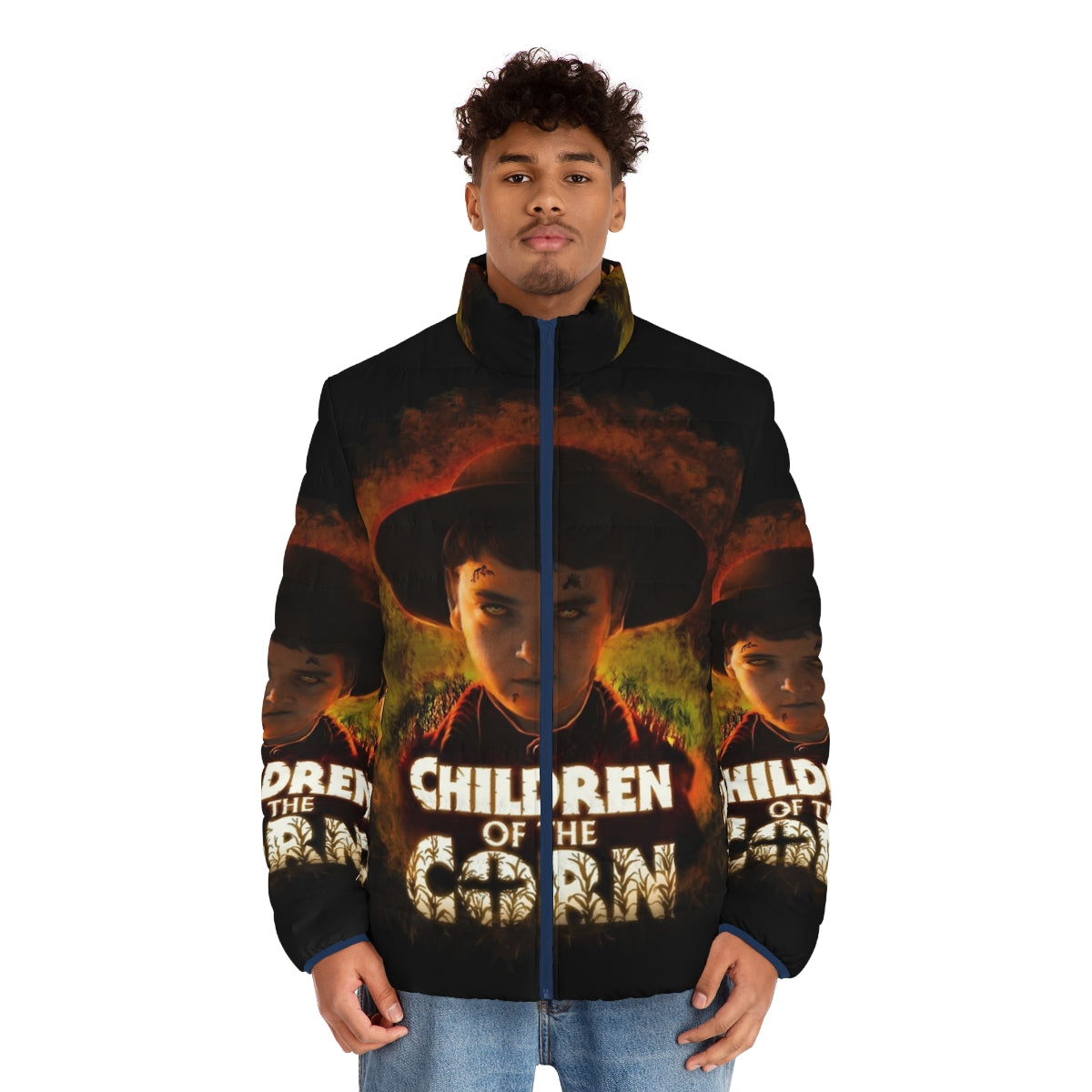 Children of the Corn puffer jacket with spooky corn field design - men front