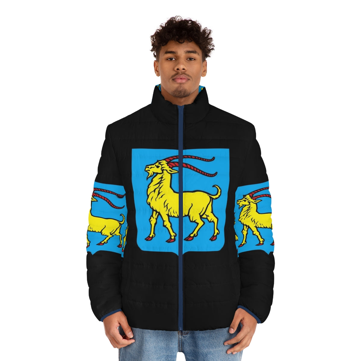 Puffer jacket featuring the coat of arms of Istria, Croatia with a heraldic goat design - men front