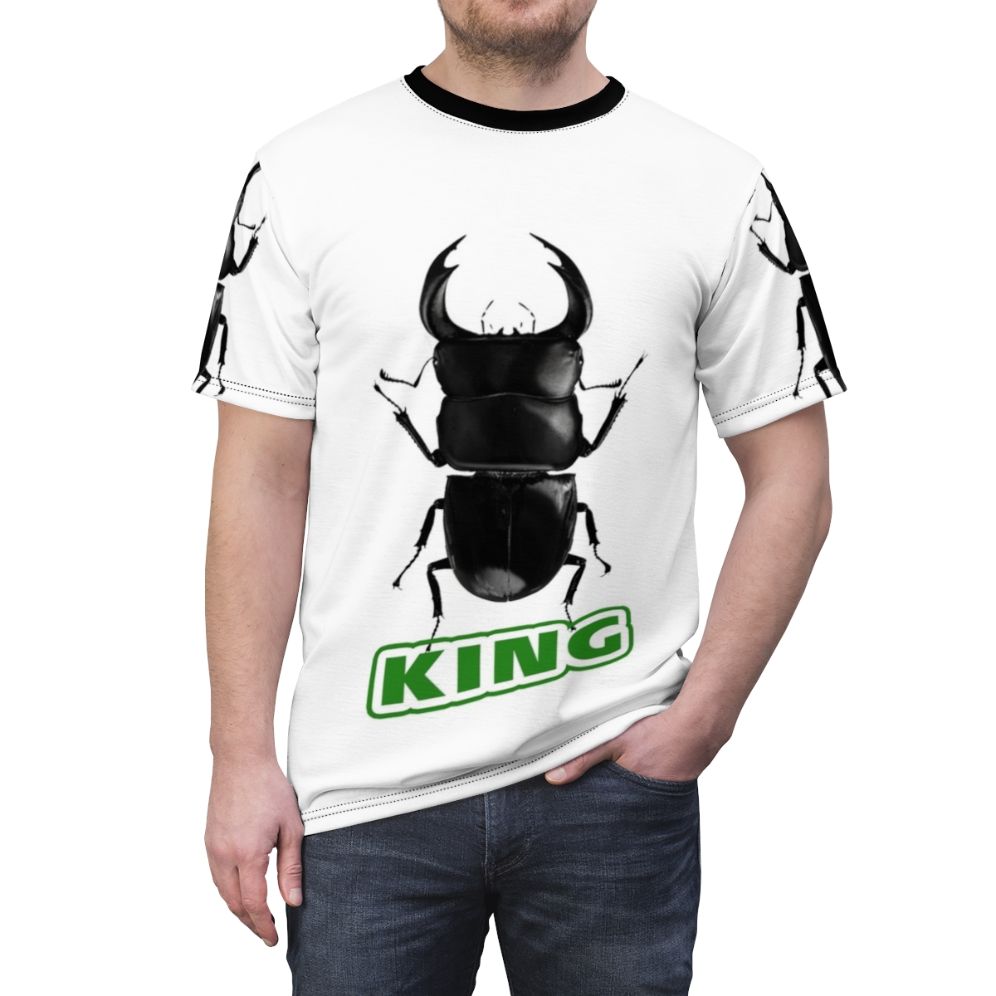 Vibrant AOP t-shirt design featuring a majestic stag beetle, perfect for fans of the No More Heroes video game series. - men front