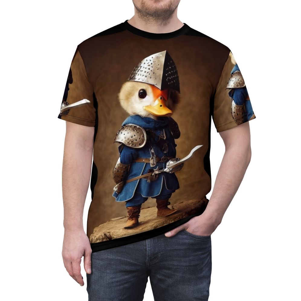 Stylized knight duck illustration on an all-over-print t-shirt - men front