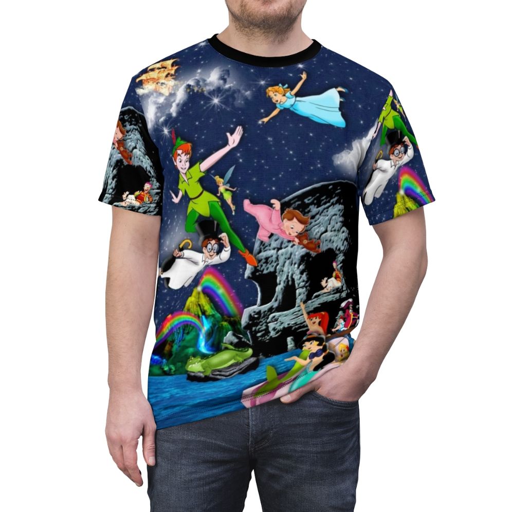 Neverland Adventure T-Shirt with Peter Pan, pirates, galleon, and skull design - men front