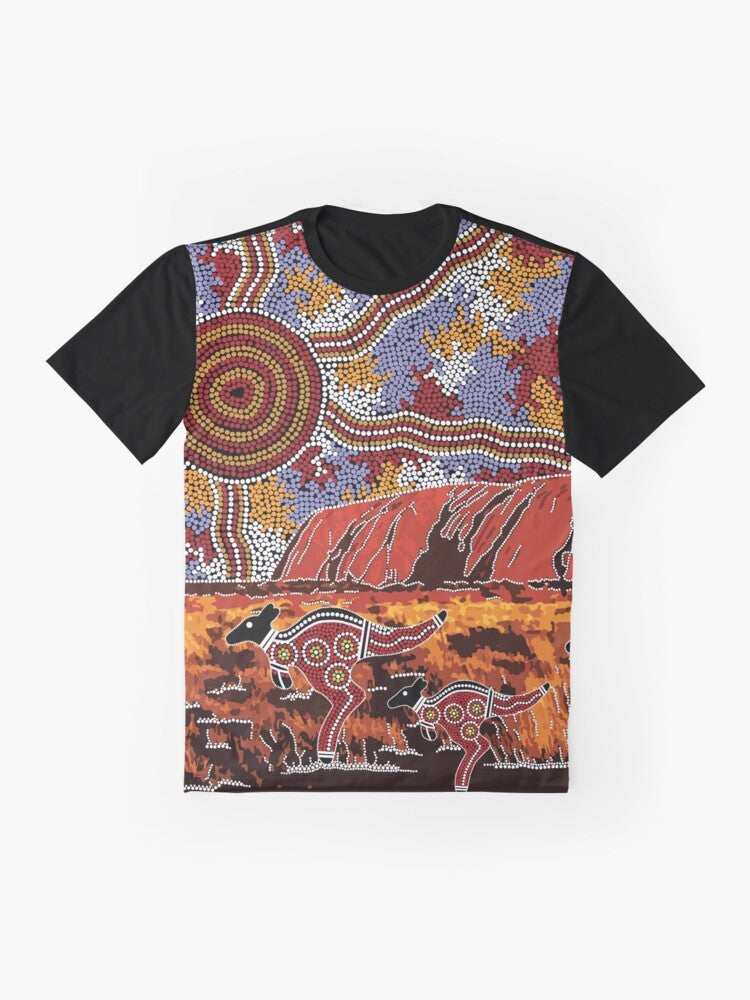 Authentic Uluru and Aboriginal Art Graphic T-Shirt with Kangaroo and Landscape Motif - Flat lay