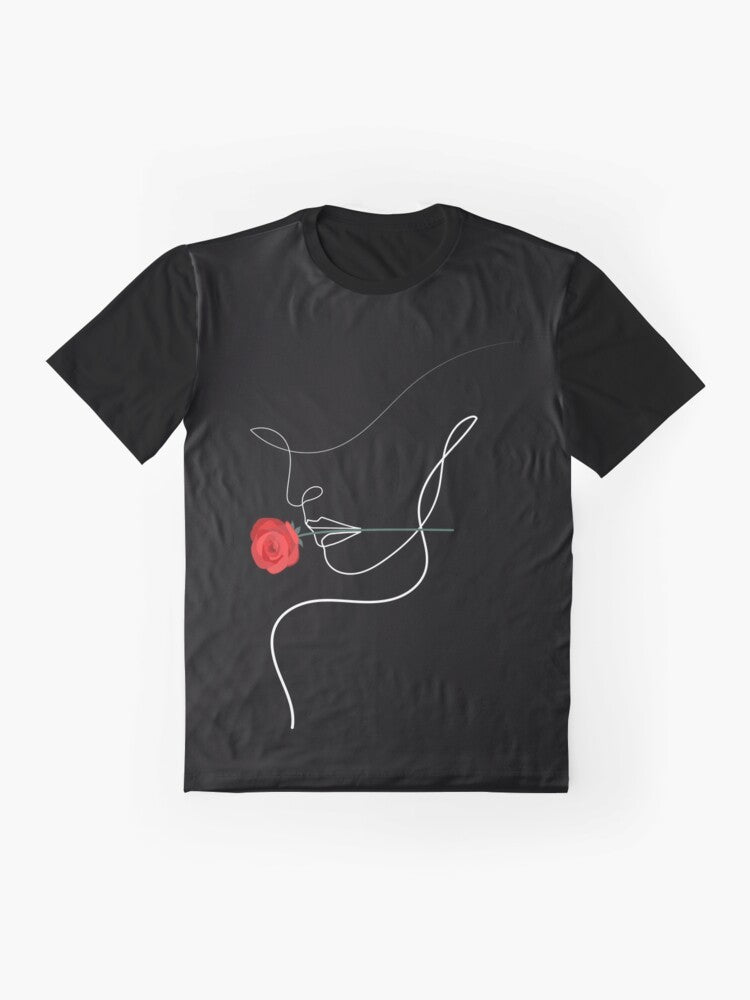 One line art graphic t-shirt featuring a minimalist drawing of a woman with a rose. - Flat lay