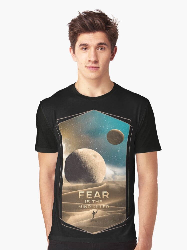 Dune movie inspired graphic t-shirt featuring the moons of Arrakis and the Muad'Dib icon - Men