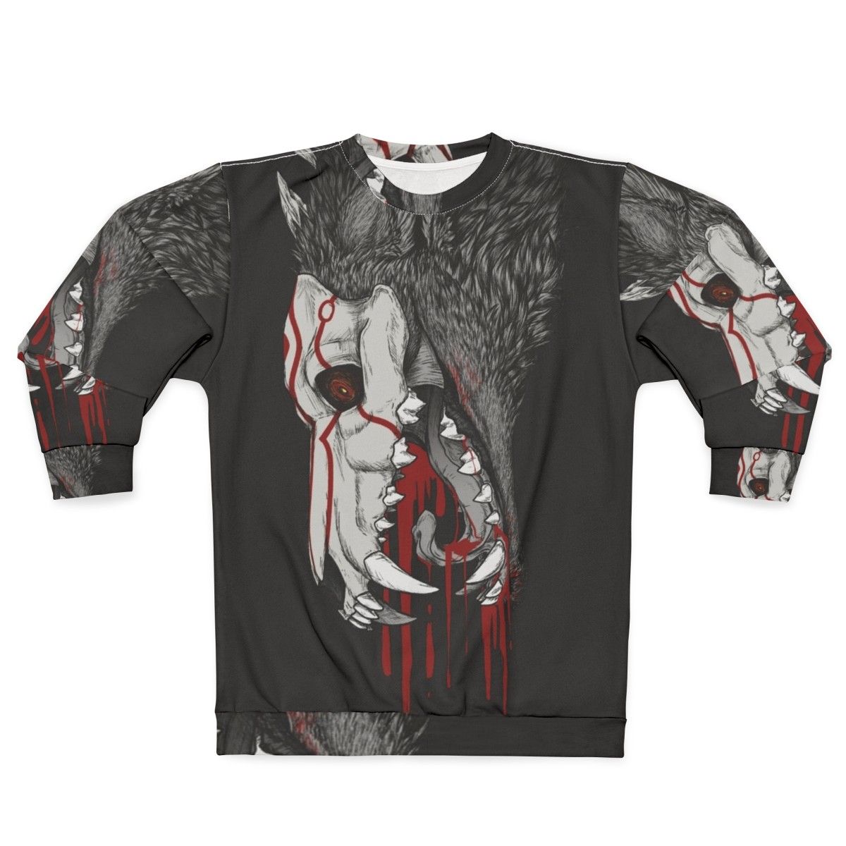 Black sweatshirt with horror-inspired graphic of a Creature of Grimm from the anime series RWBY