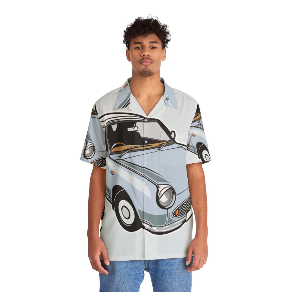 Vintage Nissan Figaro Hawaiian Shirt in Pale Aqua Blue - People Front