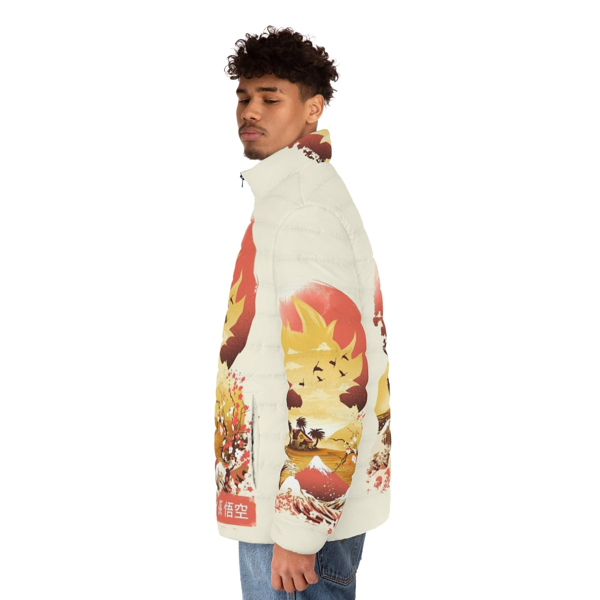 Ukiyo-E Super Saiyan Anime Puffer Jacket featuring Japanese art and Dragonball inspired design - men side left