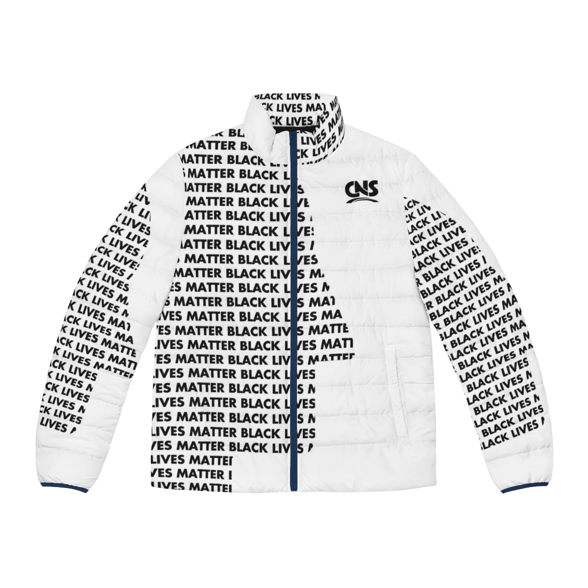 White puffer jacket with "BLM" printed in black