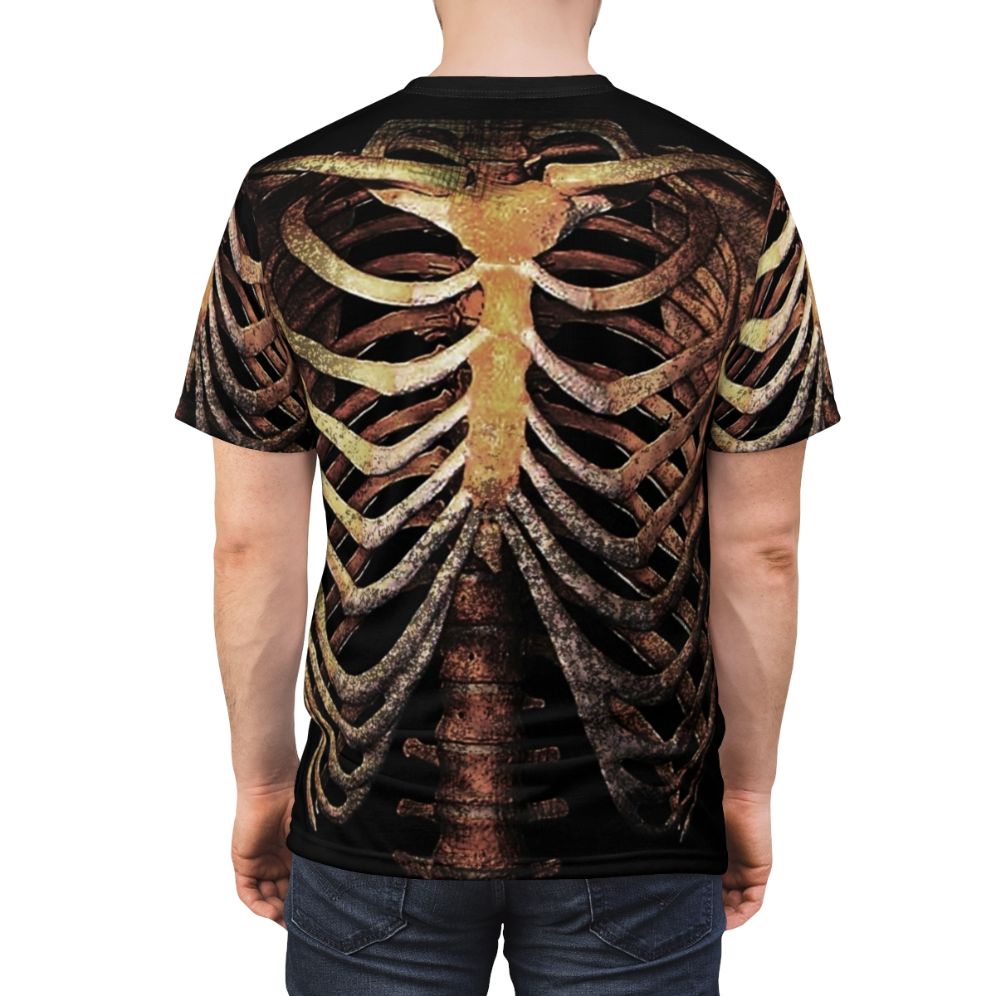 Model wearing a Rib Cage T-shirt featuring a skeleton design - men back