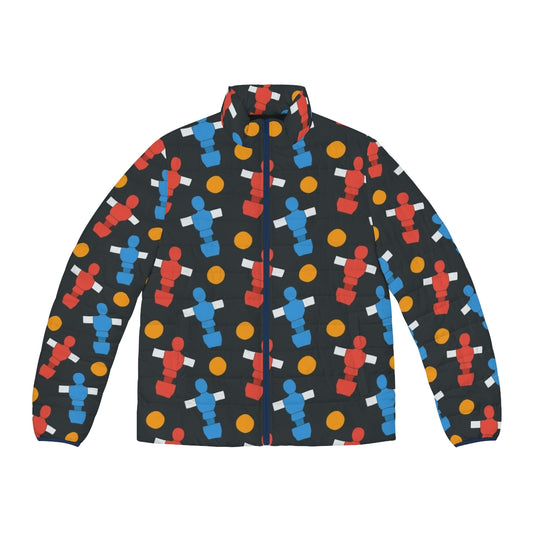 Puffer jacket featuring a retro table football pattern with players and ball