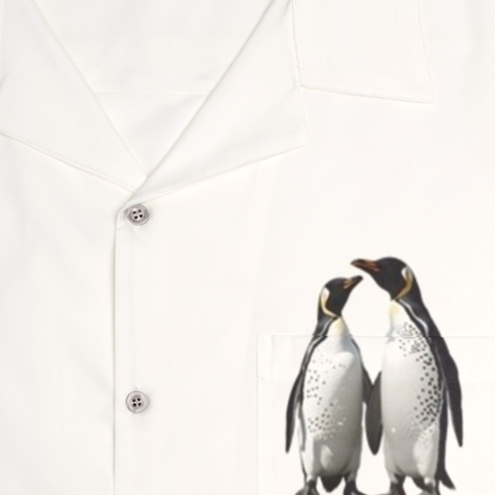 Two loving penguins on a black and white Hawaiian shirt - Detail