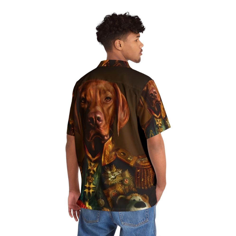 Bertie the Hungarian Vizsla dog wearing a Hawaiian shirt - People Back