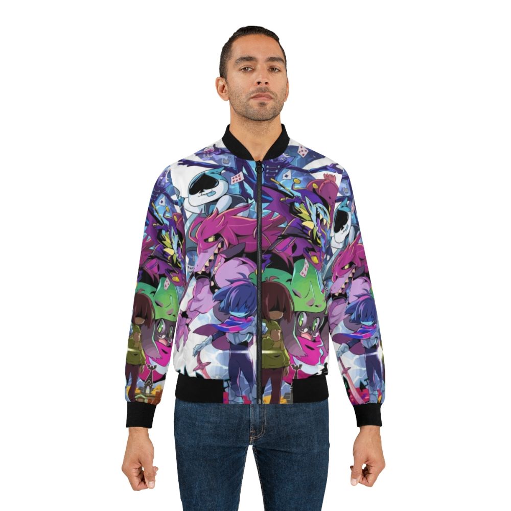 Deltarune Adventure Bomber Jacket, a minimalist and gamer-friendly jacket design featuring characters from the Deltarune video game by Toby Fox. - Lifestyle