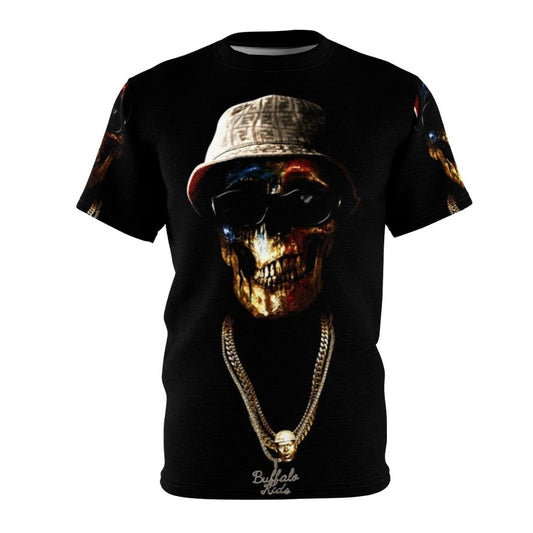 Graphic T-shirt featuring a skull-faced design paying homage to hip hop artist Conway the Machine and the Griselda Records label.