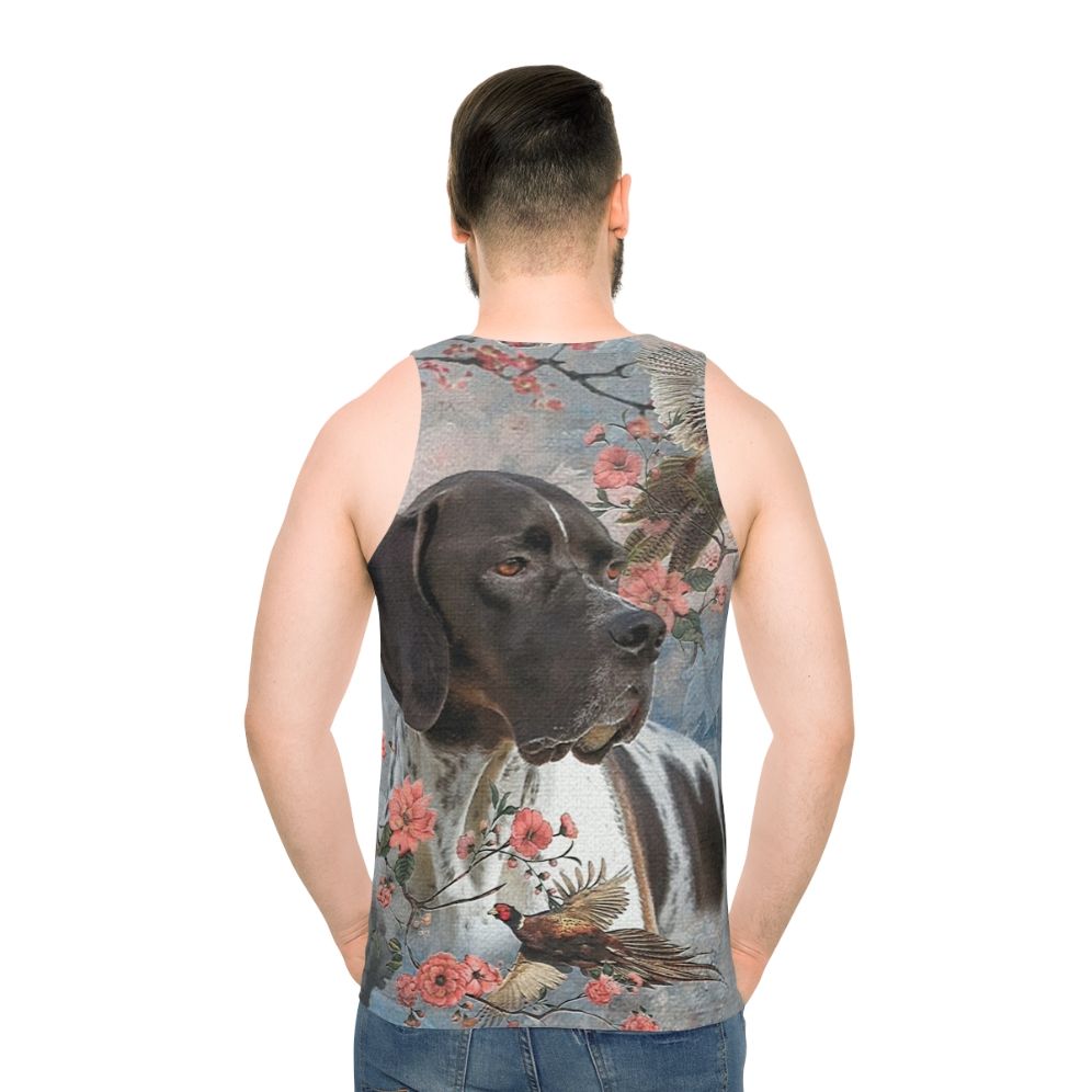 Pointer dog with pheasants on a unisex tank top - men back