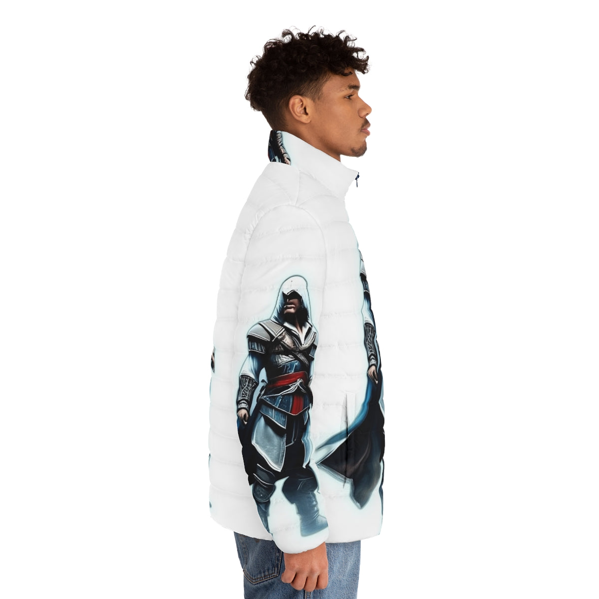 Assassins Creed inspired puffer jacket with game logo and patterns - men side right