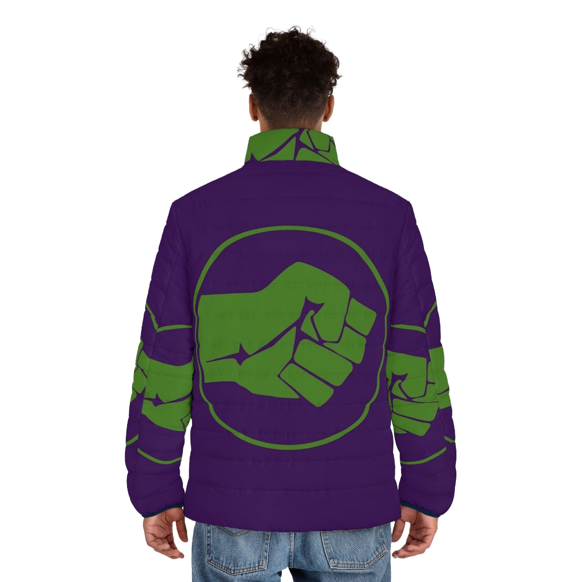 Green puffer jacket featuring the iconic Incredible Hulk smash fist logo - men back