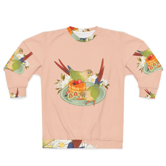 Cinnamon conure parrot on a cozy sweatshirt with fluffy pancake prints