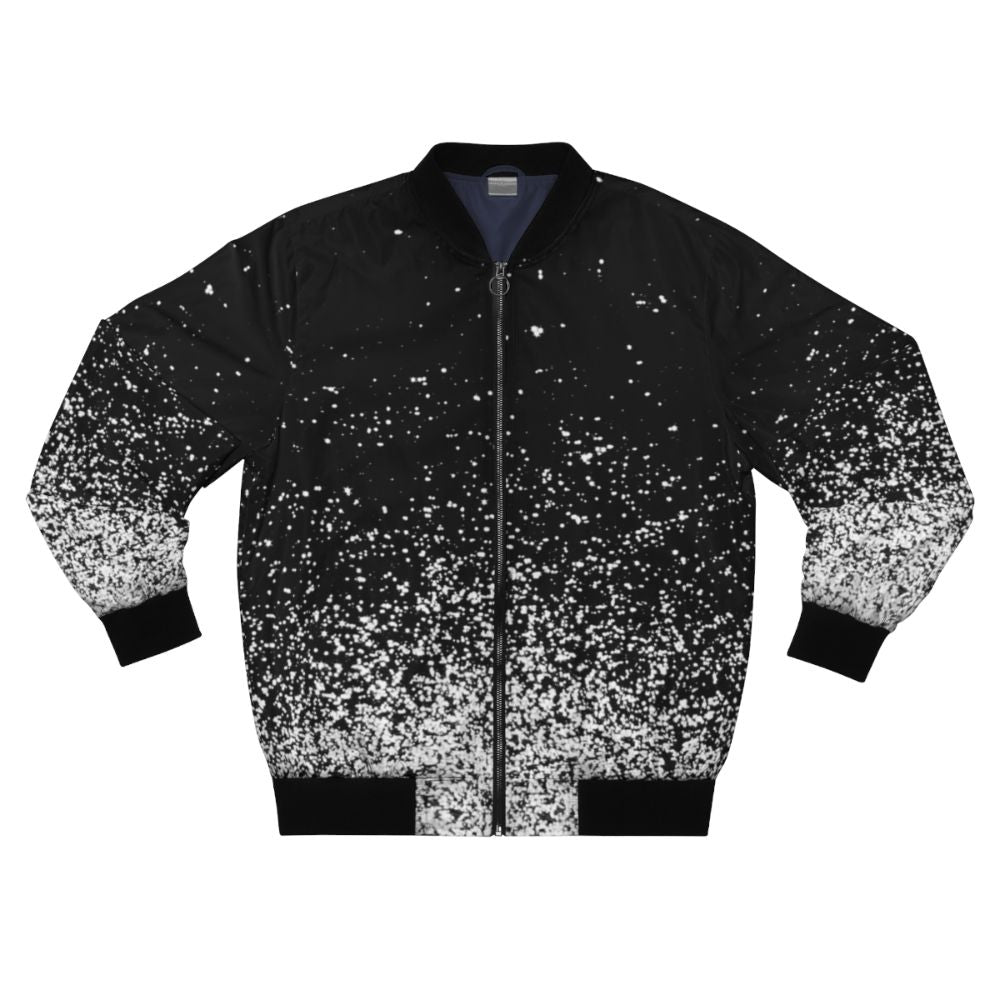 Abstract and modern bomber jacket with space-inspired design featuring ombre, stars, and sparks