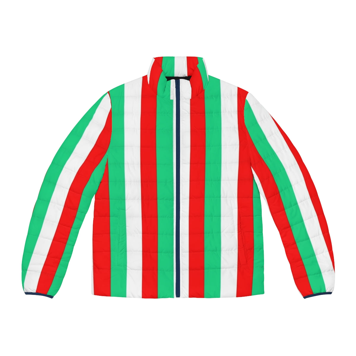 Red, green, and white striped puffer jacket, a stylish and on-trend design